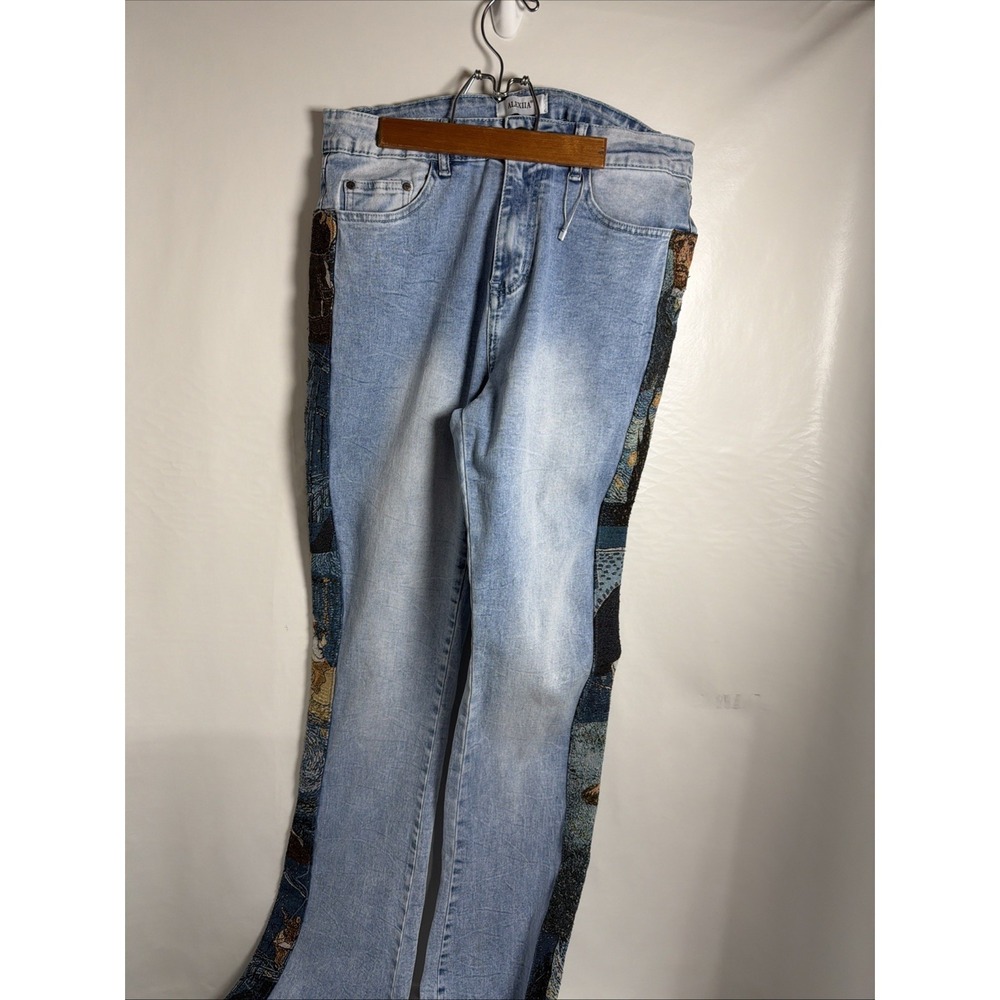 Hippie Tapestry Panels Alexiia Light Washed Jeans Fringed 5 Pocket Size Large